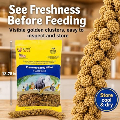 Birds LOVE® Economy Spray Millet for Birds, 7 oz, GMO-Free Natural Bird Treat, Stem-Reduced Millet Tops, USA Grown Spray Millet for Parakeets, Cockatiels, Lovebirds, Finches, Canaries -Pack of 4