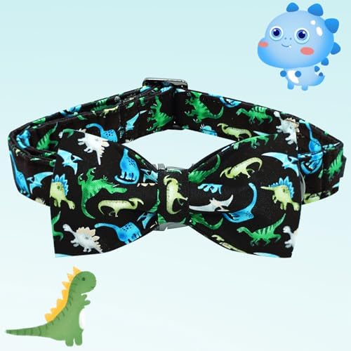 Cool Black Dinosaur Print Dog Collar with Bow for X-Small Dogs
