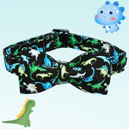Cool Black Dinosaur Print Dog Collar with Bow for X-Small Dogs
