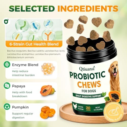 Probiotics for Dogs, 6-Strain Gut Health Blend with Digestive Enzymes, Pumpkin & Papaya, Chicken Flavor Chewable Tablets, 200 Count, Supports Digestive Health for All Breeds