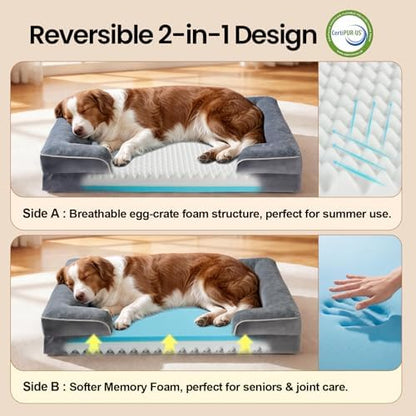 OhGeni Orthopedic Medium Large Dog Bed Sofa, Memory Foam, 35-inch (Gray)