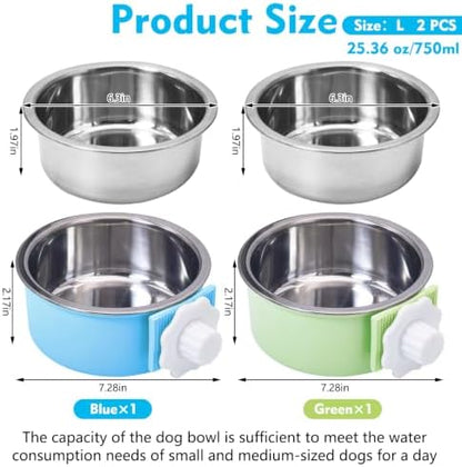 kathson Crate Dog Bowl 2pcs, Removable Stainless Steel Hanging Pet Kennel Cage Bowl Food & Water Feeder Coop Cup for Puppy, Cat, Rabbit, Guinea Pigs (2 PCS, Size: L, Blue and Green)