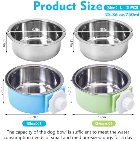 kathson Crate Dog Bowl 2pcs, Removable Stainless Steel Hanging Pet Kennel Cage Bowl Food & Water Feeder Coop Cup for Puppy, Cat, Rabbit, Guinea Pigs (2 PCS, Size: L, Blue and Green)