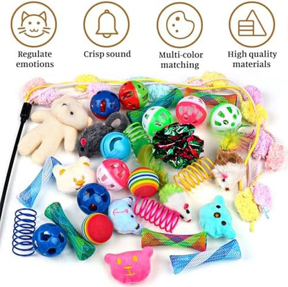 QUOZUO 30 Pcs Cat Toy Kitten Toys Set, Interactive Cat Toy Wand Cat Springs Ball Toy with Bells, Cat Toys for Bored Indoor Cats, Gift Box Styles