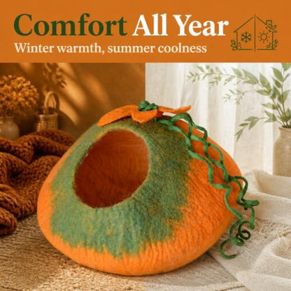 Cat Cave Bed, Orange Green Handmade Felted Merino Wool, Large Covered and Cozy, Also Perfect for Kittens, Includes Bonus Catnip, Original Cat Caves, (Radiant Realm)