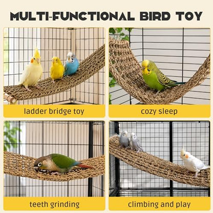 FlidRunest Extra-Large 21.6x7.8IN Conure Ladder Perch for Cage, Bird Seagrass Ladder Bridge Exercise Stands, Natural Hand-Woven Parrot Net Climbing Chewing Hammock, Cage Accessories for Conure Budgie