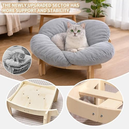 Elevated Wooden Cat Bed with Fluffy Removable Cushion, Modern Petal Shaped Cat Couch Sofa for Indoor Cats Small Dogs 40lbs Capacity Easy to Assemble (Gray)