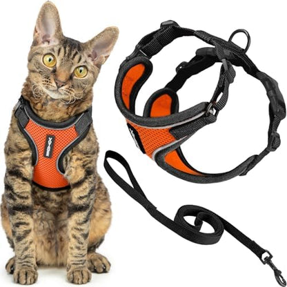 Voyager Escape-Proof Step-in Lock Cat Harness & 5ft Neoprene-Handle Leash Set All-Weather Mesh with Reflective Stitching for Small to Large Cats by Best Pet Supplies, Black Trim-Orange (327), S
