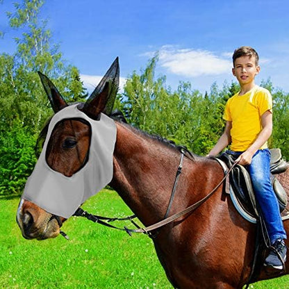 Weewooday 2 Pcs Horse Fly Mask with Ears, Soft Stretchy Horses Face Masks for Flies, Breathable Mesh Eye Cover, UV Protection Horse Masks for Pasture, Barn, Turnout(L,Black, Grey)