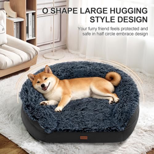 Fluffy Calming Jumbo Orthopedic Dog Beds for Extra Large Dogs, Supportive Dog Sofa Bed with 3.7 inch 28D Egg-Crate Foam, Removable Washable Plush Cover, Waterproof Lining, 48’’,Brown
