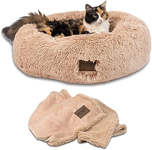 Pet Craft Supply Ultra Plush Calming Anti-Anxiety Pet Bed - Includes Super Soft Comfort Blanket - Great Medium Dog Bed Small Dog and Cat Bed;Cream