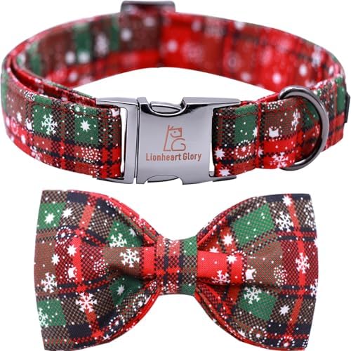 Lionheart glory Christmas Plaid Dog Collar Adjustable Soft Dog Collar with Bowtie, Pet Gift Dog Collars Bow for Small Medium Large Dogs