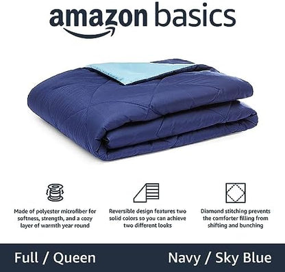Amazon Basics Soft Reversible Lightweight Microfiber Comforter, Washable, Warm All Season Blanket, Full/Queen, Navy/Sky Blue