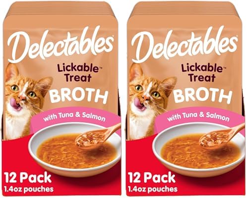 Delectables Lickable Treat Savory Broths Wet Cat Treat with Real Tuna & Salmon, Food Topper, Hydrating, Grain-Free, No Fillers, No By-Products, No-Added Preservatives, 1.4oz Pouch (Pack of 24)