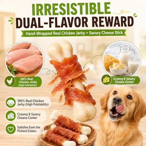 Chicken Wrapped Cheese Bone Dog Treats for All Dogs - 10oz (285g) High Protein Jerky Sticks - Rawhide-Free Calcium Rich Dog Snacks - Healthy Training Rewards & Teeth Cleaning Chews