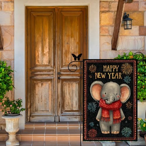 Happy New Year Garden Flag 12x18 Double Sided Vertical Linen Small Fireworks Elephant House Flag Welcome Holiday Winter House Outdoor Outside Decorations (27167)