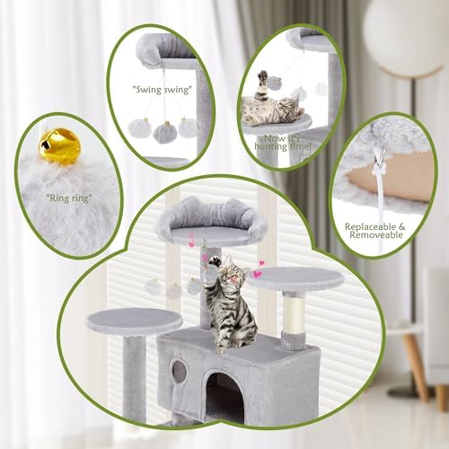 54 Inches Cat Tree Tower Condo Furniture, Cat Tower for Indoor Cats, Cozy Hammock and Sisal Scratching Posts, Multi-Level Durable Cat Scratch Post for Kittens Pet House Play, Detachable Toy, Beige