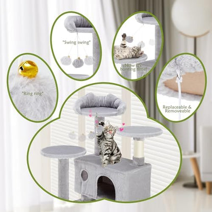 54 Inches Cat Tree Tower Condo Furniture, Cat Tower for Indoor Cats, Cozy Hammock and Sisal Scratching Posts, Multi-Level Durable Cat Scratch Post for Kittens Pet House Play, Detachable Toy, Beige