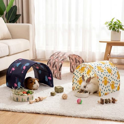 BreezeHug 4 Pcs Guinea Pig Tunnel Foldable Rabbit Hideout Washable and Soft Bunny Hide House Ferret Tunnel Toys Cage Accessories for Small Animal Hamster Hedgehogs Chinchilla (Cute Pattern)