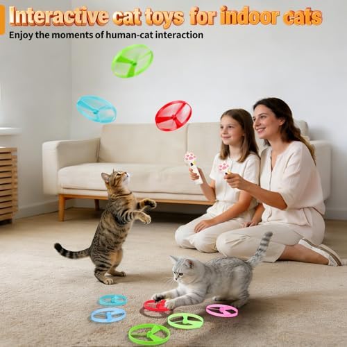 BABORUI Cat Toy Disc Launcher, Rechargeable Interactive Cat Fetch Toy Launcher with 8 Flying Discs, Flying Enrichment Toys for Indoor Bored Kittens & Adult Cats (White)