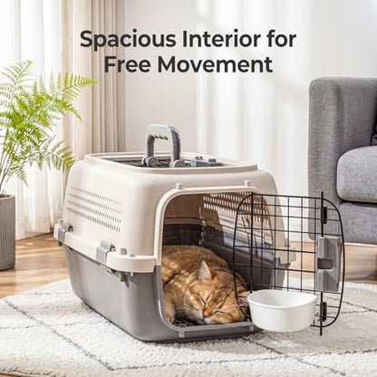 NEWBULIG 23" Hard-Sided Dog Carrier for Small Dogs & Cats - Beige & Grey