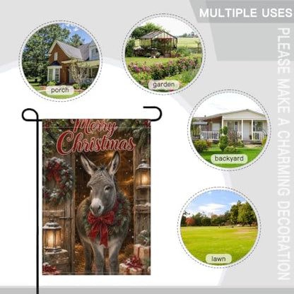 Christmas Donkey House Flag 28x40 Inch Merry Holiday Wreath Bow Lantern Gifts Snowy Barn Rustic Farmhouse Outdoor Yard Lawn Porch Double Sided Banner Winter Welcome Decor