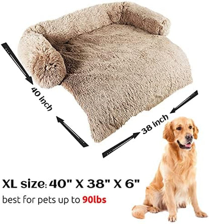 HACHIKITTY Calming Pet Sofa Bed Mat, Washable Fluffy Couch Cover for Dogs and Cats, Anti-Slip Bottom (40"x 38"x 6", Camel)