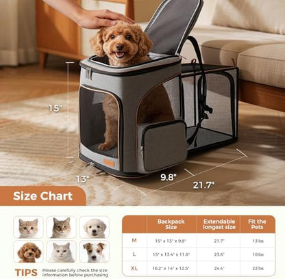 Lekereise Pet Carrier Backpack Expandable Cat Backpack Carrier for Small Dogs Large Cats Puppies, Dog Backpack Carrier for Hiking Travel Outdoor Hold Pets Up to 20 25 Lbs, Grey