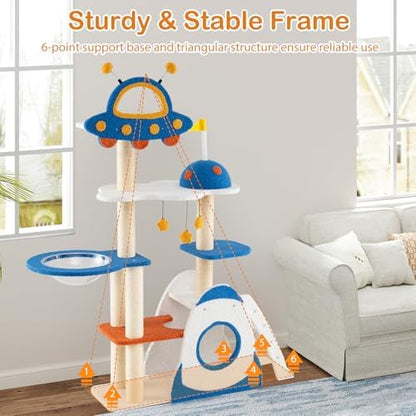 PETSITE 64.5 Inch Space-Themed Cat Tree, Multi-Level Cat Tower with Sisal Scratching Posts, UFO-Shaped Top Perch, Climbing Ladder, Hanging Star-Shaped Jingling Toys, Cute Cat Tree for Indoor Cats