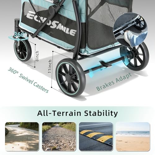 EchoSmile Dog Stroller for Large Dogs, 135lbs Weight Extra Large Pet Stroller, 4 Wheels Cats & Dogs Carrier with Brakes, Breathable Mesh Windows & Pocket, Green