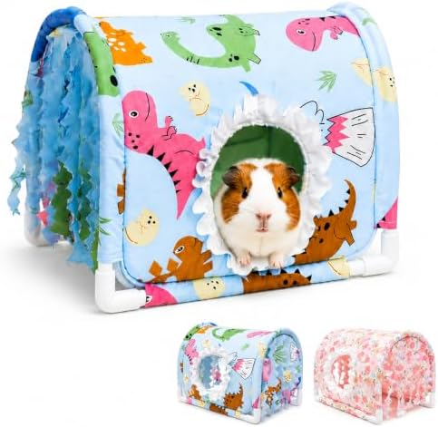 Guinea Pig Hideout Tunnel House, Blue Animal Print Small Animal Hideaway Bed with Curtains, Soft Fabric Cover and PVC Frame for Guinea Pigs, Hamsters, Hedgehogs and Small Pets