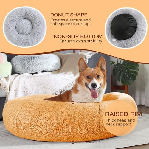 JOLLYVOGUE Dog Bed, Calming Anti-Anxiety Large Dog Bed, Fluffy Donut Cushion for Medium and Large Pets (27")