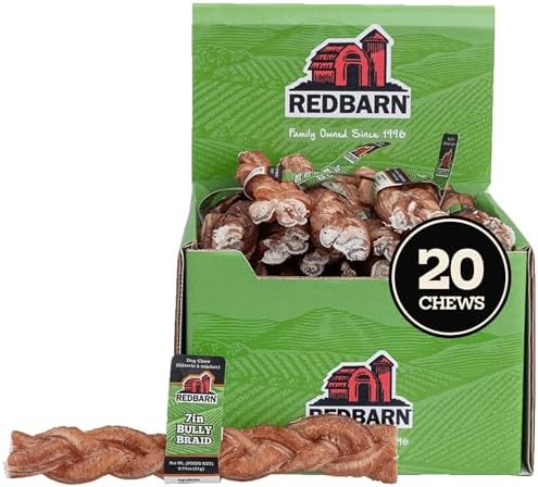 Redbarn 7" Braided Bully Sticks for Dogs. Natural, Highly Palatable, Long-Lasting Dental Chews Sourced from Free-Range, Grass-Fed Cattle 20 Sticks