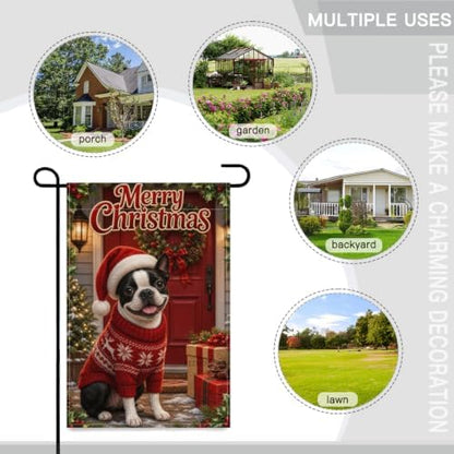 Merry Christmas Garden Flag 12x18 Inch Boston Terrier Santa Hat Red Sweater Wreath Gift Holiday Farmhouse Outdoor Yard Lawn Front Porch Welcome Double Sided Banner Decor