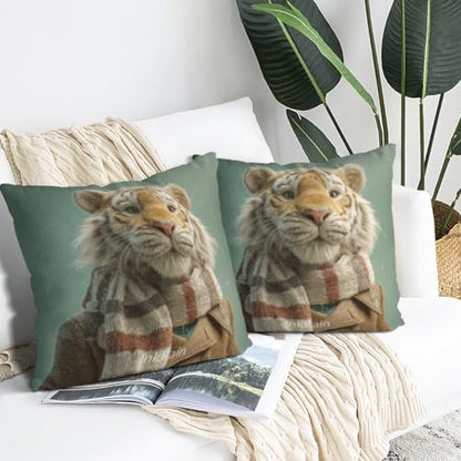 InkRain Winter Animal Cute Tiger Pillow Cover 26x26 Inch Set of 2 Home Decor Decorative Cotton Linen Illustration Pillowcases for Living Room House Sofa