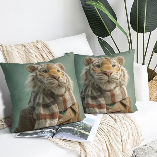 InkRain Winter Animal Cute Tiger Pillow Cover 14x14 Inch Set of 2 Home Decor Decorative Cotton Linen Illustration Pillowcases for Living Room House Sofa