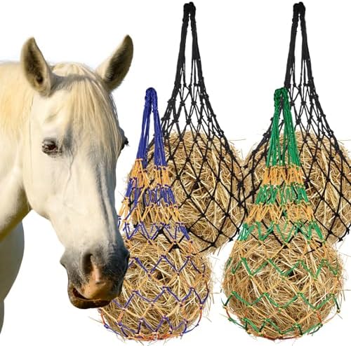 4 Pcs Slow Feeder Hay Nets for Horses Goat Cattle Equine Durable Heavy Duty Hanging Hay Feeder Nets for Horse Stalls Barn Pasture and Farm Feeding Supplies(Black, Yellow, Green, Blue)