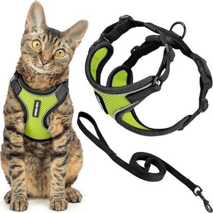 Voyager Escape-Proof Step-in Lock Cat Harness & 5ft Neoprene-Handle Leash Set All-Weather Mesh with Reflective Stitching for Small to Large Cats by Best Pet Supplies, Black Trim-Lime (327), S