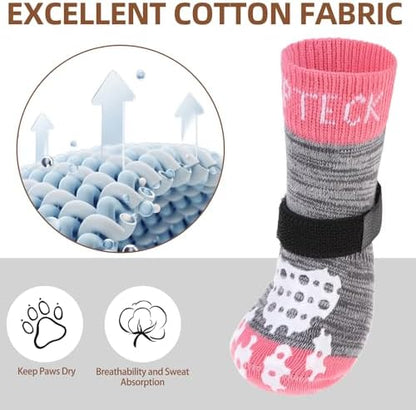 PUPTECK Anti-Slip Dog Socks with Double Sides Grips for Small Medium Large Dogs Hardwood Floors Prevents Licking, Dog Shoes for Hot Pavement Traction Control for Senior Dogs, Grey&Pink L