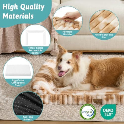 COZY KISS Ultra Soft Faux Rabbit Fur Dog Bed for Large Dogs – 44"x32" Orthopedic Foam Couch, Removable Washable Cover & Waterproof Lining, Tie-Dye Brown