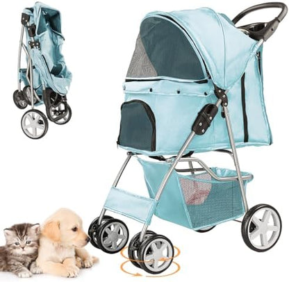 4-Wheel Pet Stroller for Small Dogs and Cats, Up to 33 lb, Blue