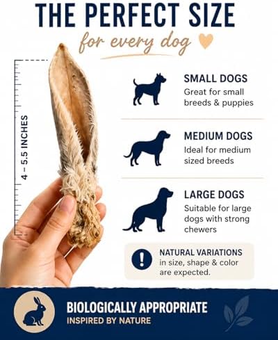 Dehydrated Rabbit Ears for Dogs & Cats - Single Ingredient Dog Treats - USA Sourced Whole Rabbit Ears with Fur for Dogs - Rawhide Alternative - Made in USA (12 Count)