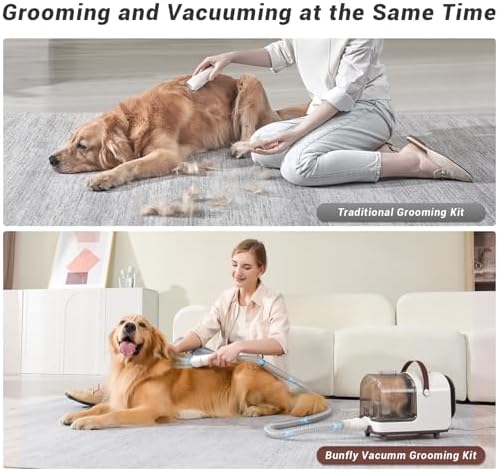 Bunfly Dog Grooming Kit & Dog Hair Vacuum, 3L Large Capacity Dust Cup,13,000KPa Powerful Suction, 99% Pet Hair Removal, 16 Grooming Tools for Dogs, Cats & More, Home Cleaning - Brown