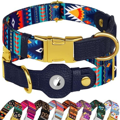 AirTag Dog Collar for Small Medium Large Breed - Adjustable Cute Pattern Dog Collar with Airtag Holder - Soft Leather Tracker GPS Apple Air Tag Pet Collars (Medium, 14"-18" Neck Fit, Navajo)
