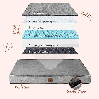 EHEYCIGA Large Washable Dog Crate Bed with Memory Foam, 35x23Inch, Grey