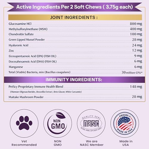 Petscy Longevity Hip & Joint + Immune Support Chews for Dogs - 3.75g Chew - High Dose Glucosamine, MSM, Chondroitin, Green Lipped Mussel, Omega 3, Probiotics - 60 Chews (Small & Medium Dogs)