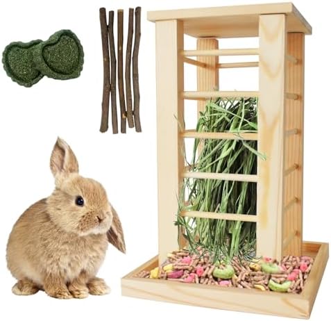 kathson Rabbit Wooden Hay Feeder,Wooden Rabbit Hay Rack Less Wasted Guinea Pig Hay Holder Wood Small Animal Hay Feeder Self Standing Cage Accessories for Chinchillas Hamsters Bunny