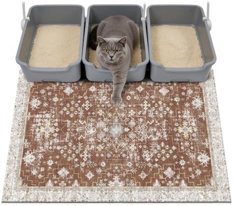 Cat Litter Mat Litter Trapping Mat, 40"x30" Waterproof Urine Proof Litter Box Mat Catcher Mat Non-Slip Washable for Kitty Kitten, Brown