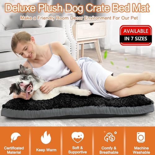 POCBLUE Dog Bed Medium Sized Dog, Washable Plush Pet Bed for Crate, Anti-Slip Pet Mat for Cages, Comfy Crate Pad for Outdoor/Indoor/Car Use, Soft Kennel Pad for Dogs Up to 40 lbs, 29"x19", Black