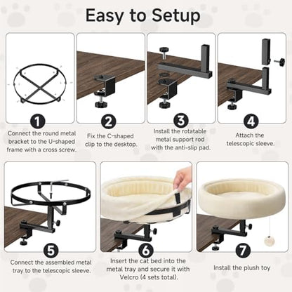 Chumajor Cat Desk Bed - 360° Rotating & Adjustable, Supports 50 lbs, Soft Faux Fur with Dual-Sided Reversible Mat, Modern Indoor Cat Nest Furniture for Office Desks and Game Tables, Island Table white